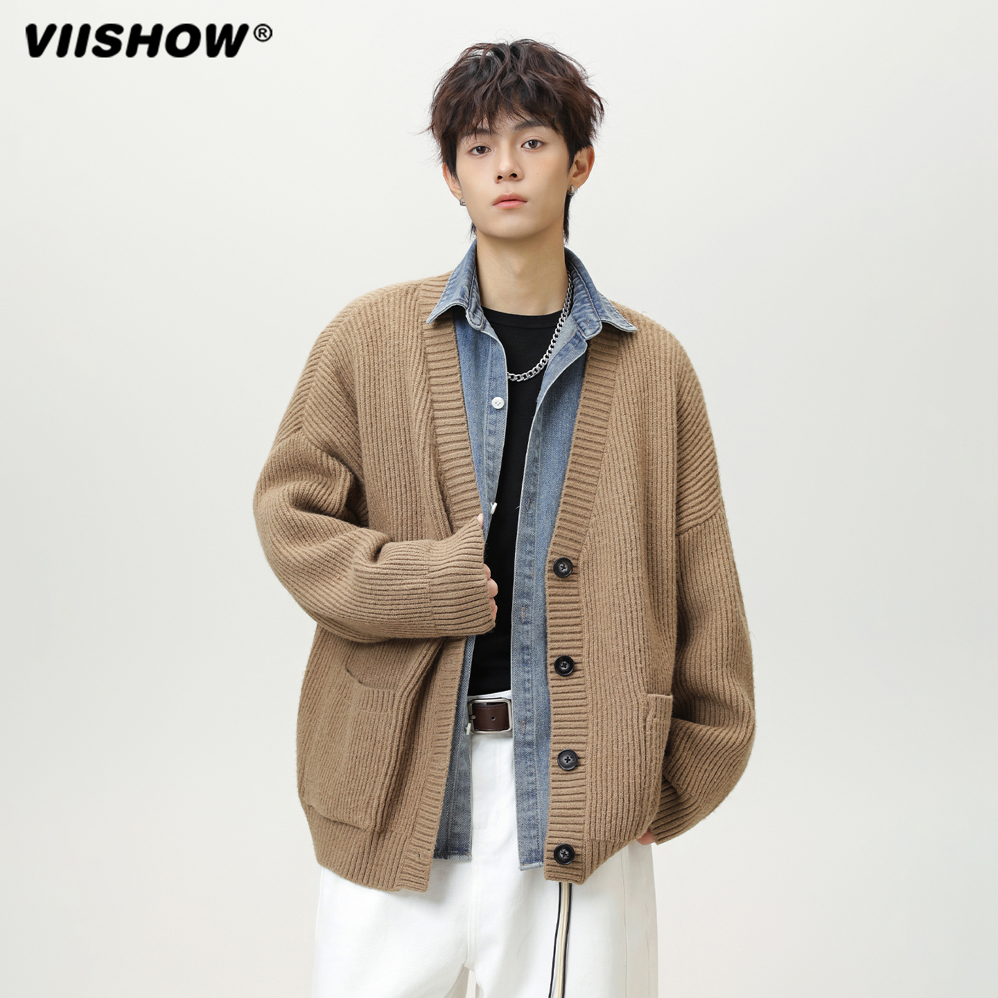 VIISHOW重磅慵懒风宽松开衫毛衣男日系开衫美式复古V领纯色针织衫