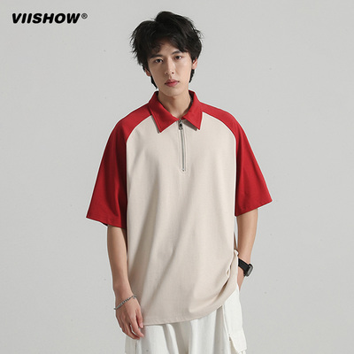 VIISHOW潮牌美式时尚短袖男拼接撞色休闲五分袖衬衫简约港风上衣