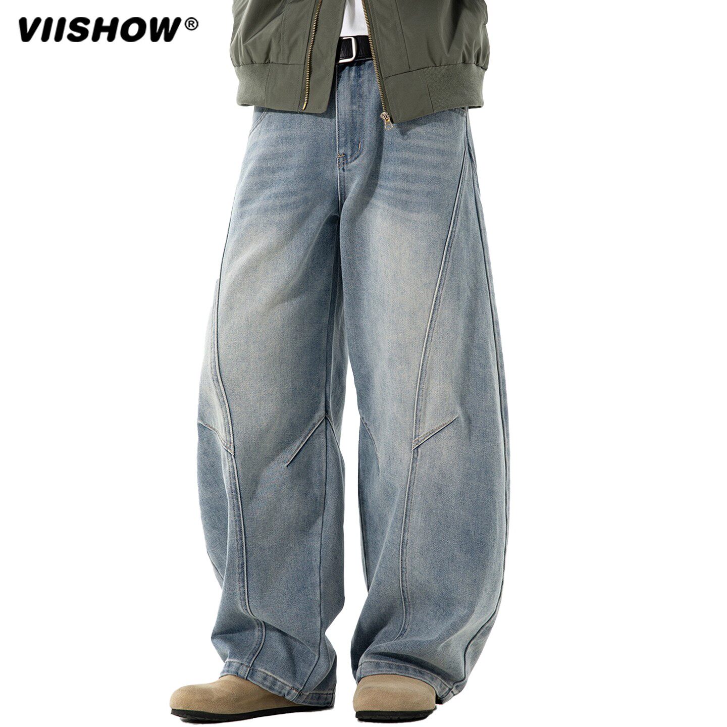 VIISHOW美式弯刀牛仔裤男秋季水洗复古工装阔腿长裤潮牌做旧裤子