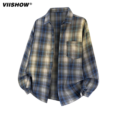 VIISHOW美式复古格子长袖衬衫男款秋季新款潮流宽松休闲衬衣外套