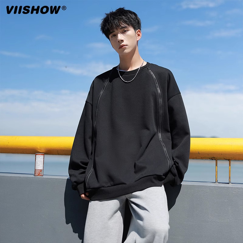 VISHOW美式复古潮牌纯色圆领卫衣男士拼接宽松重磅休闲长袖T恤,男装,卫衣,淘宝优惠券,粉丝福利购,淘宝优惠卷