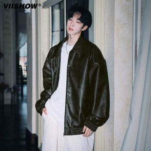 VIISHOW皮衣外套男春秋季高级感宽松百搭简约纯色青少年休闲夹克