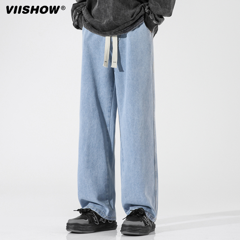 VIISHOW牛仔裤男春秋潮牌纯色美式复古休闲宽松长裤垂感直筒裤子