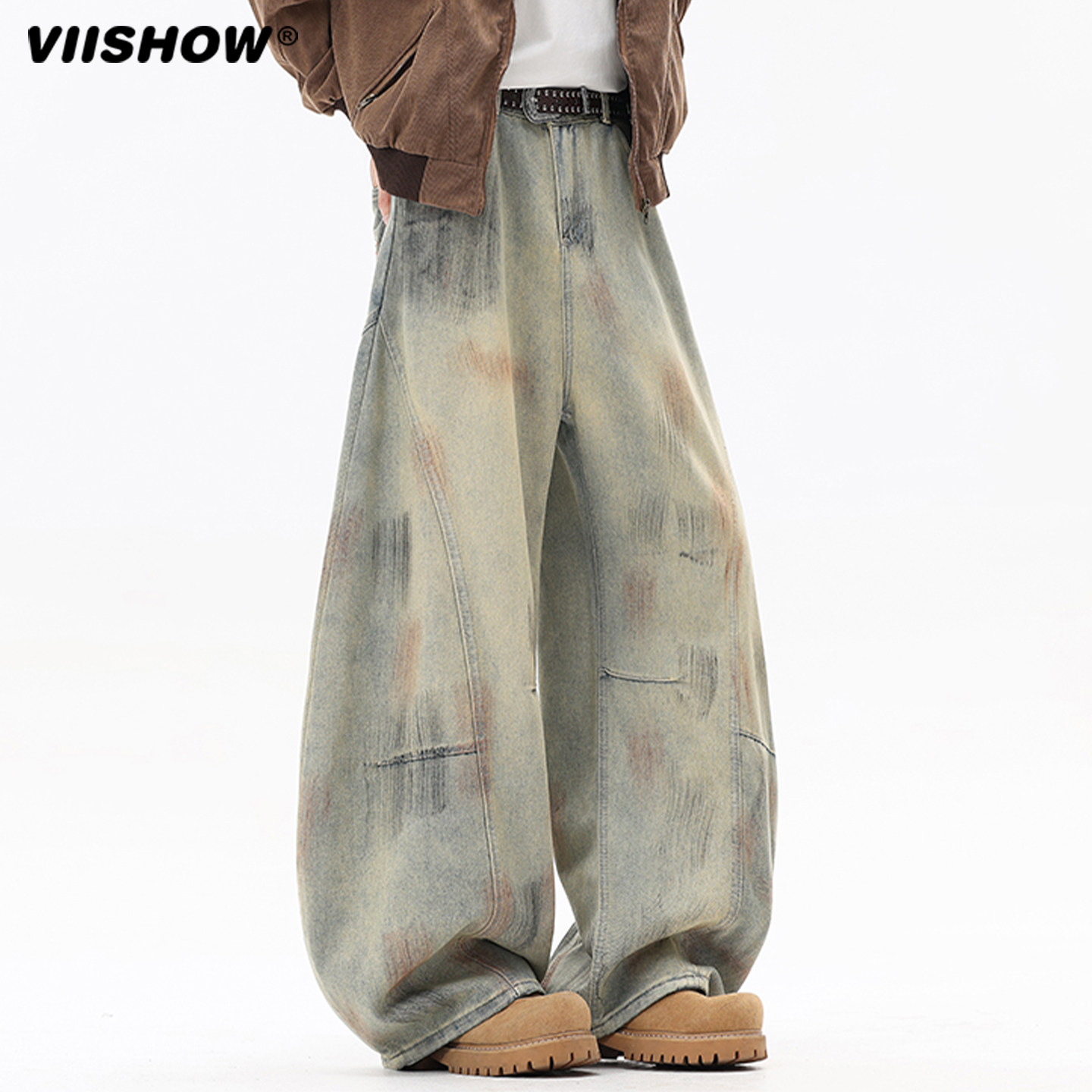 VIISHOW美式复古脏染弯刀裤牛仔裤男秋季工装高腰宽松阔腿镰刀裤,男装,牛仔裤,淘宝优惠券,粉丝福利购,淘宝优惠卷