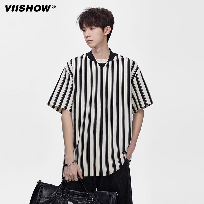VIISHOW复古双拼V领条纹短袖T恤男宽松潮流休闲五分字母印花体恤