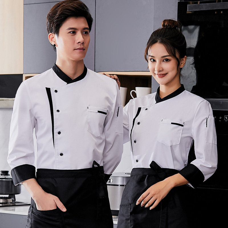 高档纯棉厨师服长袖加绒加厚餐饮饭店面点烘焙学校厨师工作服短袖