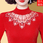 秋冬新款 加绒打底衫 保暖小衫 妈妈装 网纱t恤外穿蕾丝上衣 女士长袖