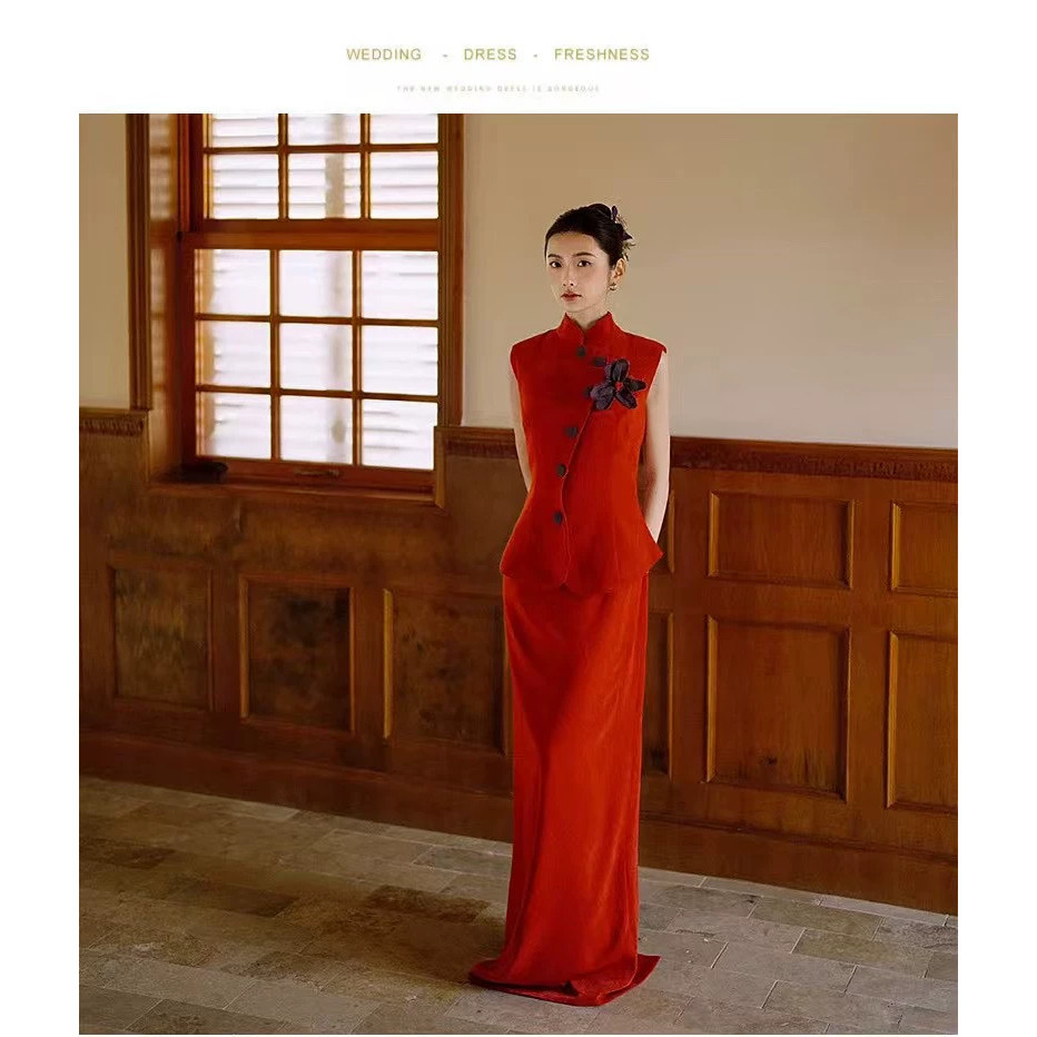 新中式晨袍女2025新款新娘订婚礼服复古高级感红色旗袍两件套裙装
