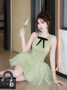 蕾丝连衣裙女 蝴蝶结蓬蓬公主裙无袖 2025夏季 新款