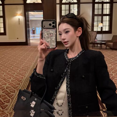 手绘祖母绿扣 定制织带粗花呢小香风外套