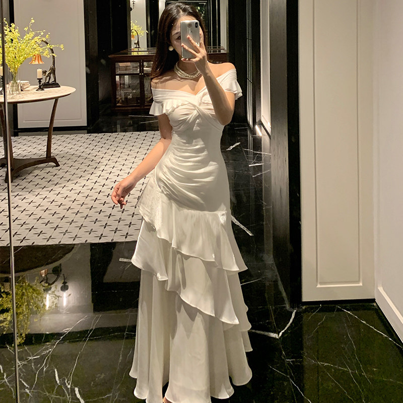 法式一字肩轻奢连衣裙小众礼服高端鱼尾裙,女装/女士精品,连衣裙,淘宝优惠券,粉丝福利购,淘宝优惠卷