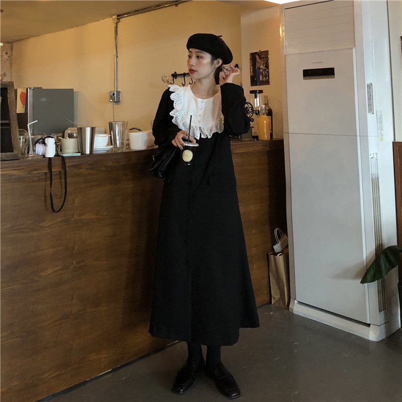 Real shot, real price, dark and dark, Hepburn wind wood ear small collection waist length woolen dress