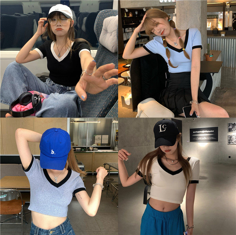 Real shot! Real price! Korean summer big V-neck contrast slim T-shirt