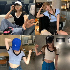Real shot! Real price! Korean summer big V-neck contrast slim T-shirt