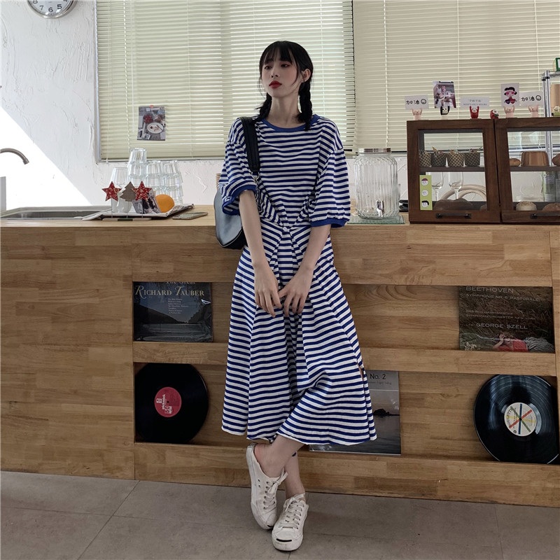 Real shot! Real price! Korean summer two loose stripe short sleeve long dress