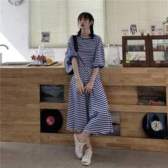 Real shot! Real price! Korean summer two loose stripe short sleeve long dress