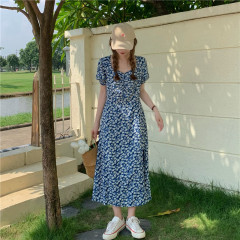 Real price Korean summer side split flower slim French Square Collar Chiffon Dress