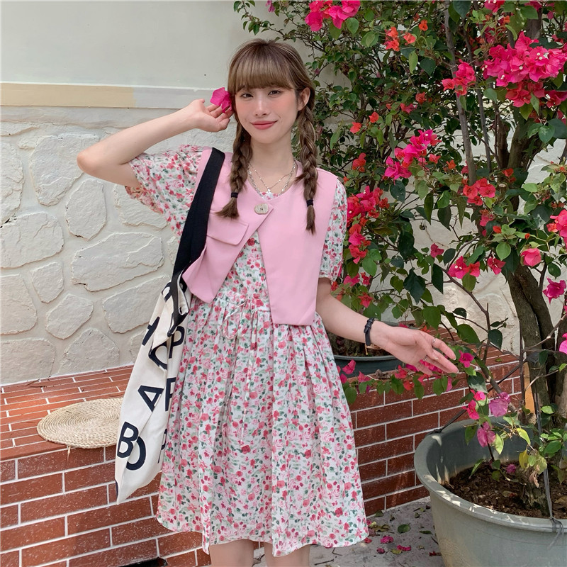 Real shot! Real price! Korean summer new small fresh floral Medium Length Dress Vest suit
