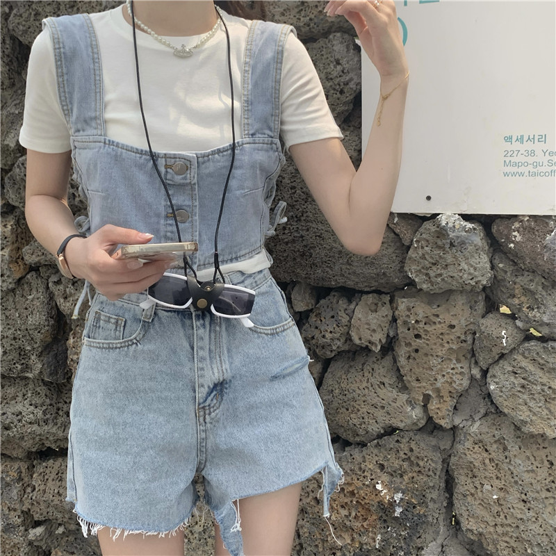 實拍！實價！韓版夏季短袖TEE+牛仔抽繩收腰短款吊帶背心