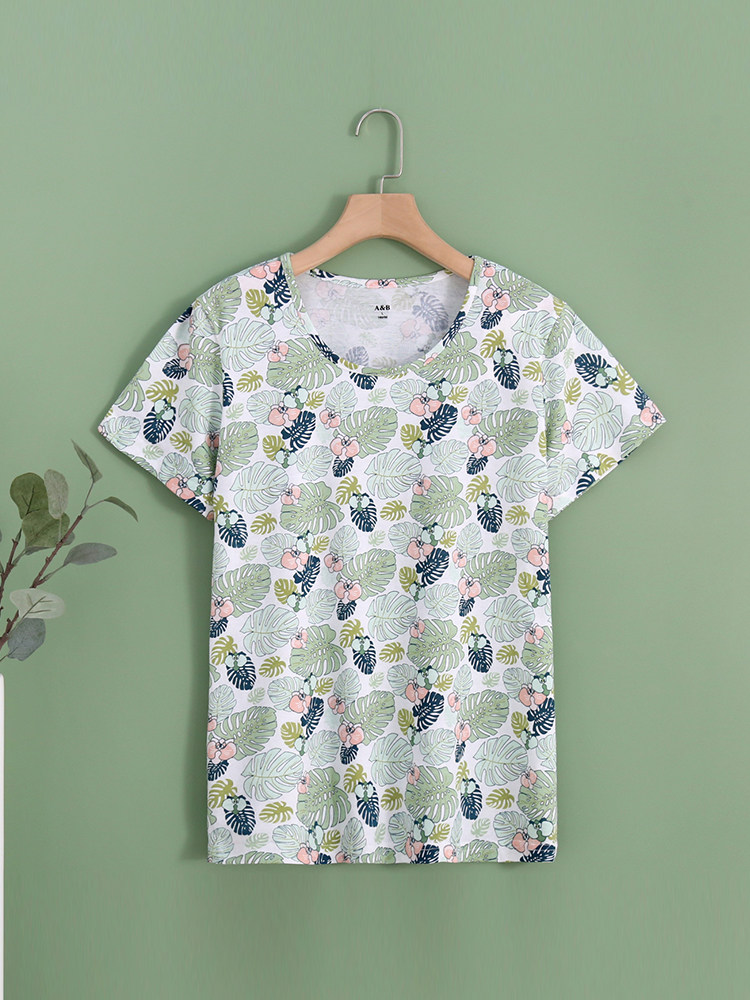 AB 속옷 프린트 라운드 넥 반팔면 스웨트 셔츠 중년 및 노년층 엄마를위한 느슨한 대형 잠옷 여성용 U812