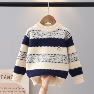 2025新款男童秋冬装针织衫洋气条纹迷人贴拉布布儿童圆领内打底衣