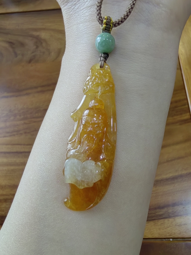 珑心 文武双全 财神爷 关公 黄翡翡翠吊坠 翡翠挂件