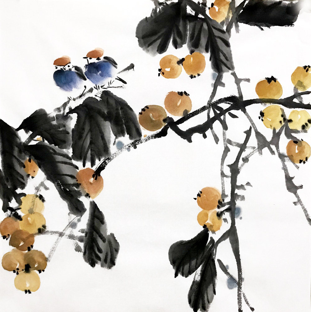 枇杷小鸟3827三尺斗方国画水墨中式玄关餐厅客厅宣纸画心无款手绘