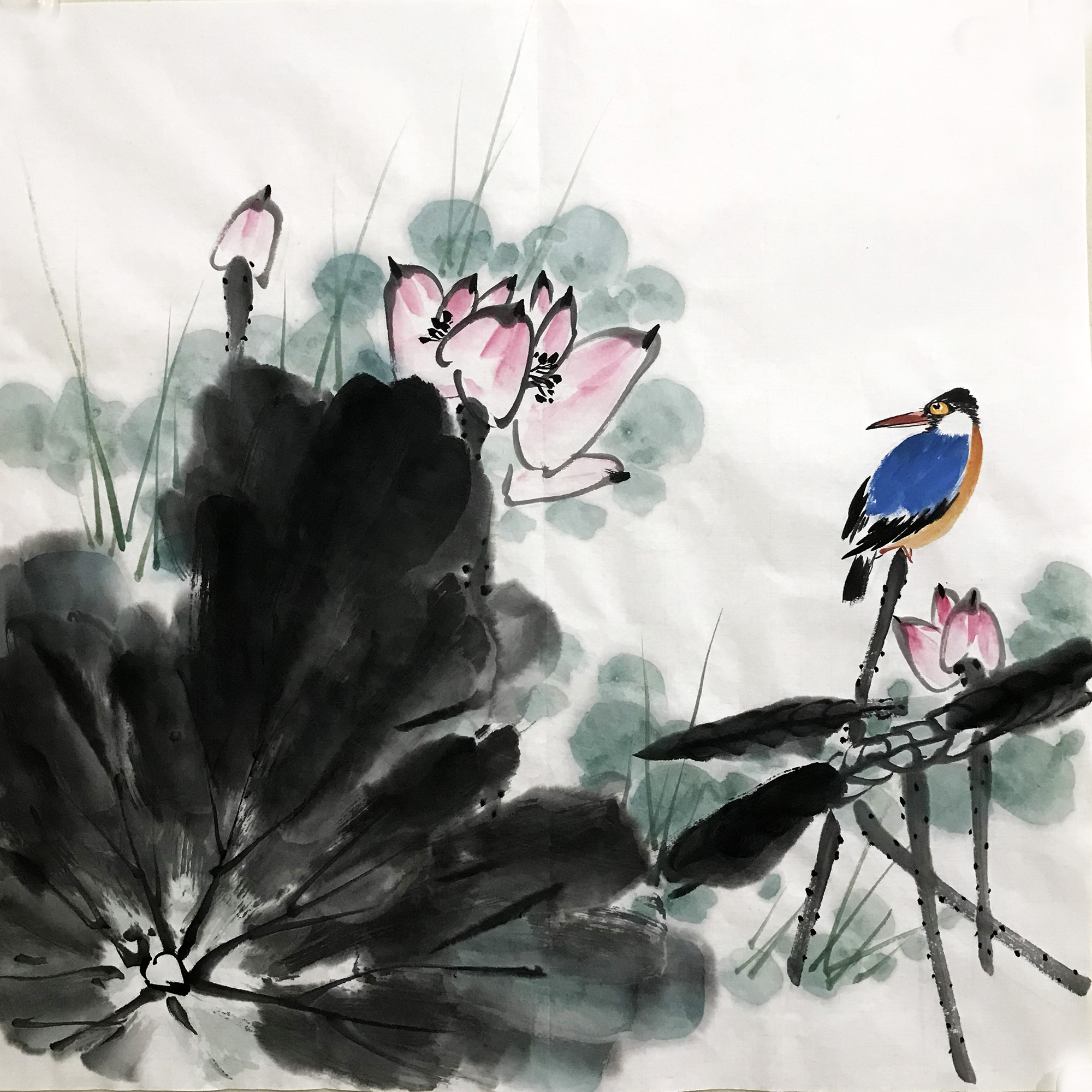 手绘水墨荷花1876四尺斗方中式装饰墙画玄关蜻蜓荷花翠鸟宣纸画芯