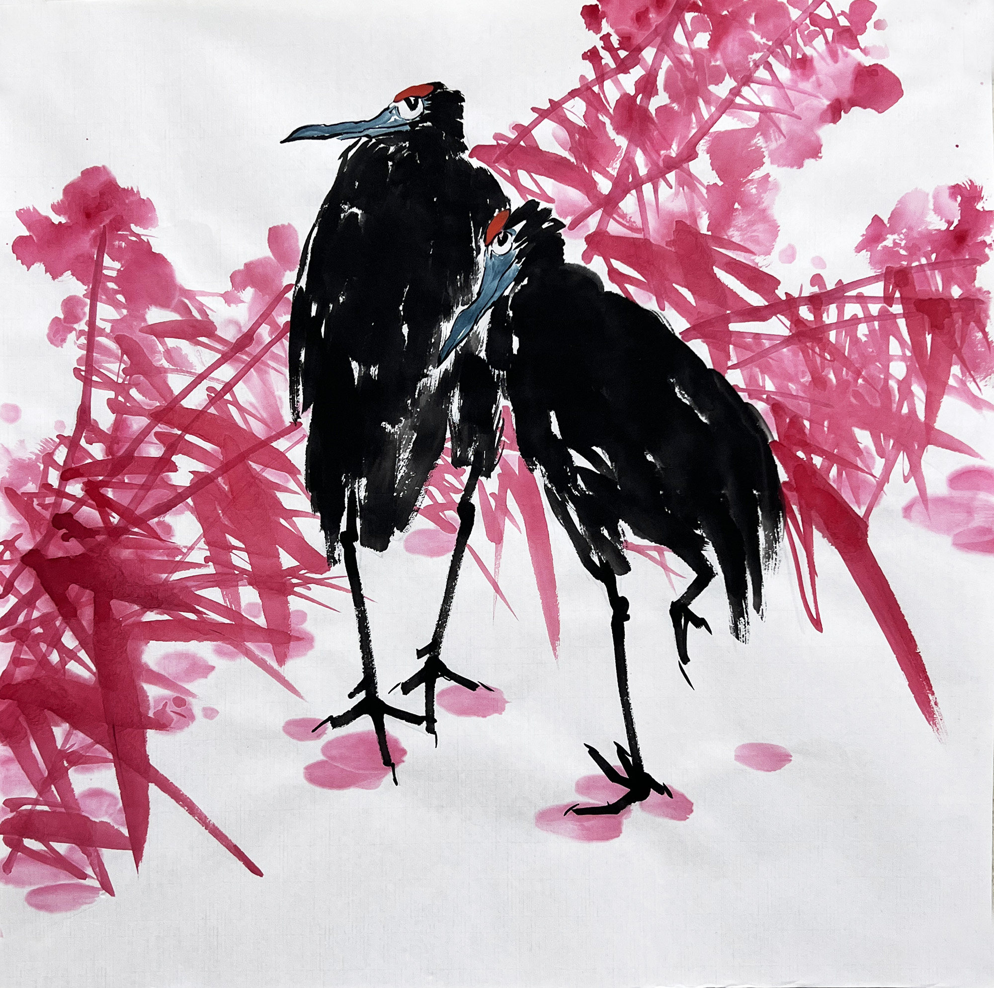 写意花鸟画灰鹤芦苇4046三尺斗方中式国画画芯无款精品装饰画手绘