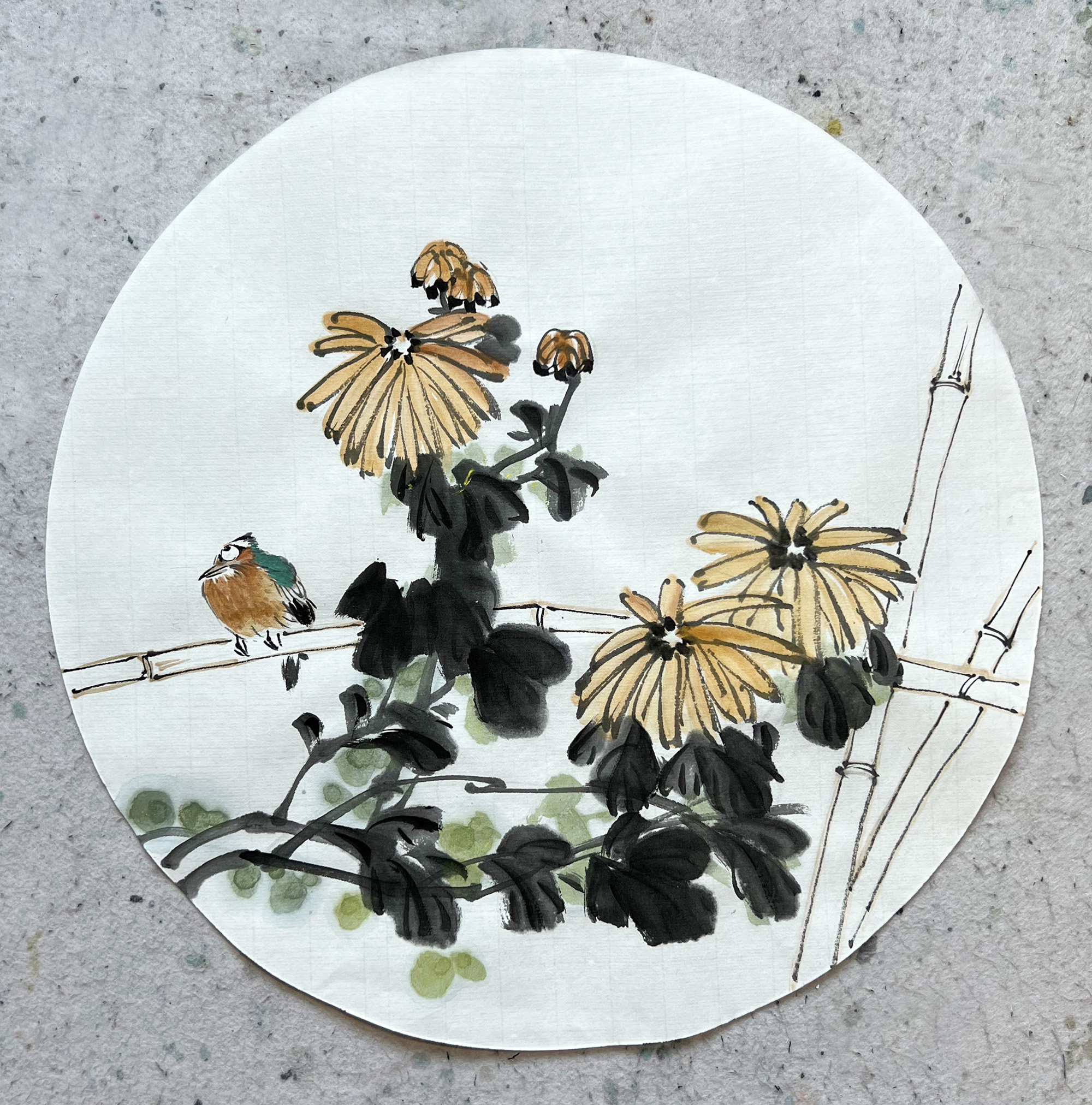 手绘扇面菊花圆形4201新中式国画装饰画墙挂画宣纸画芯无款玄关画