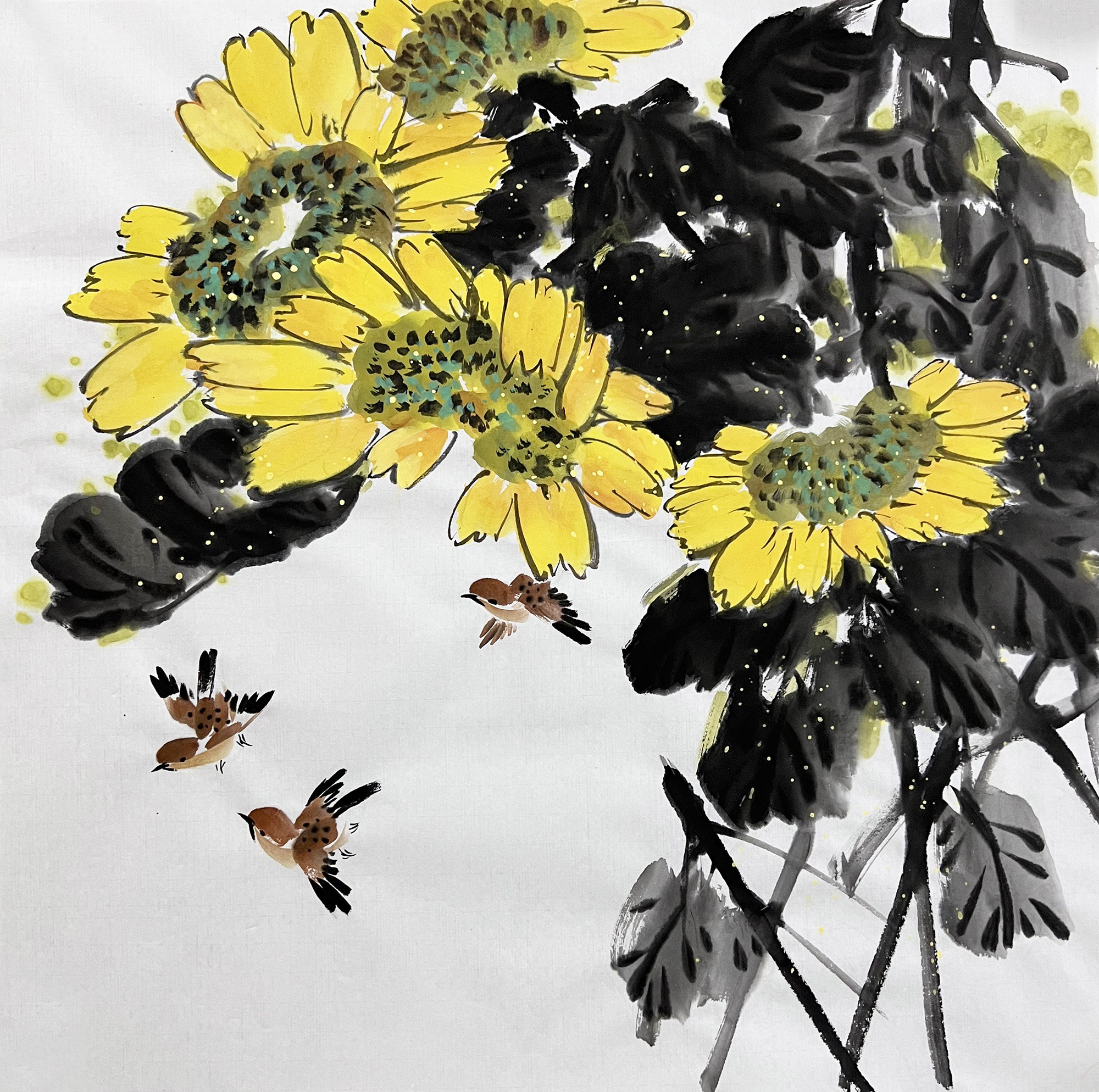 手绘国画向日葵4236四尺斗方无款宣纸纯手绘中式装饰画墙玄关客厅