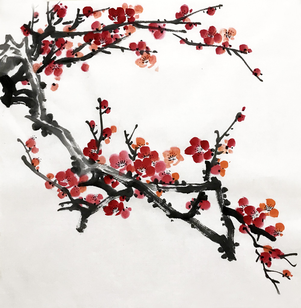 新中式墙画红梅2492三尺斗方无款花鸟画玄关装饰画芯宣纸纯手绘