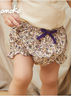 春夏薄款婴儿裤子紫色碎花可外穿宝宝大pp新生儿短裤花边面包裤