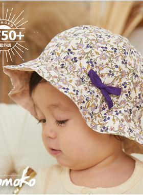 幼儿防紫外线船帽紫色碎花宝宝防晒渔夫帽女婴儿帽子秋冬款可调节