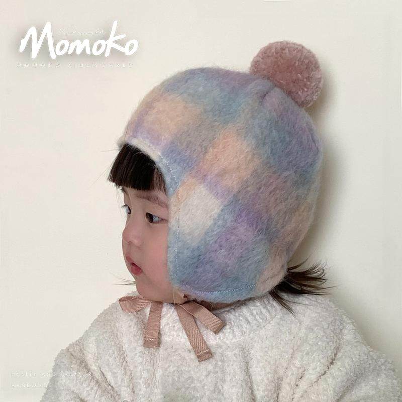 婴儿帽子秋冬款新生婴幼儿宝宝可爱苏立格子帽保暖护耳帽女童