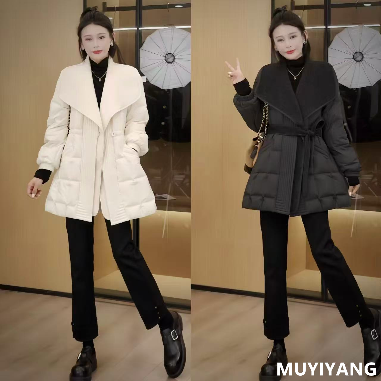 设计感羊毛拼接90鹅绒羽绒服女2025冬季新款大码女装胖mm收腰外套