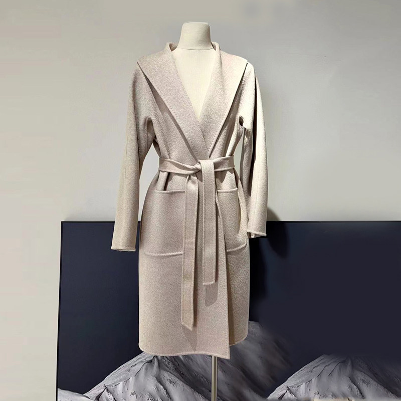 m家乔欣同款lilia水波纹双面羊绒大衣女燕麦色经典修身中长款系带