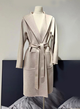 m家乔欣同款lilia水波纹双面羊绒大衣女燕麦色经典修身中长款系带