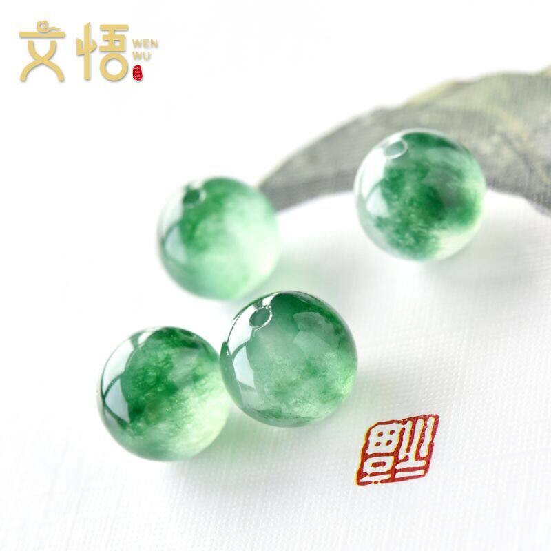 冰种阳绿色飘花非洲翡翠珠子飘花翡翠玉珠飘绿花翡翠散珠玉石珠子