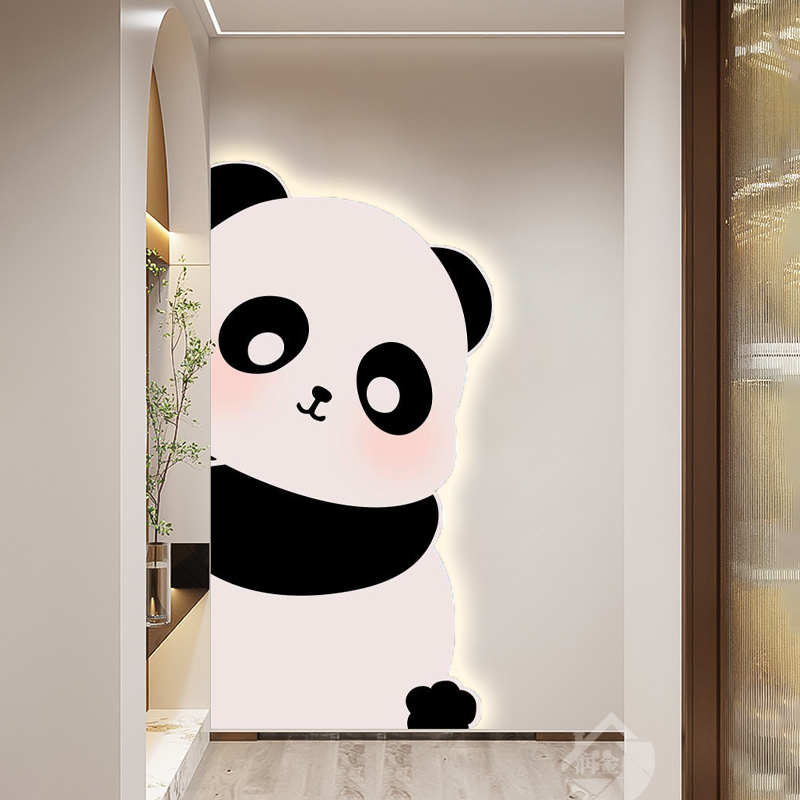 奶油风玄关装饰画画2025创意熊猫发光壁画画高档入户走廊挂画画温
