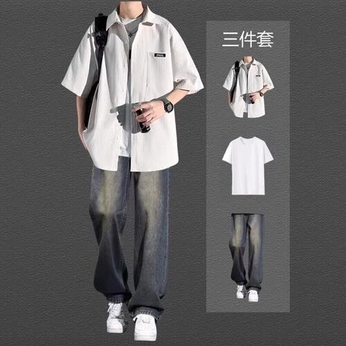 夏季短袖衬衫男士套装休闲潮流学生衬衣痞帅气男装三件套潮牌穿搭