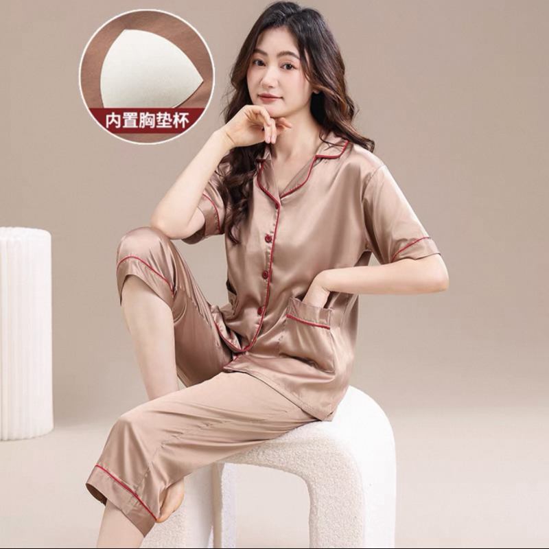 带胸垫睡衣女夏季冰丝短袖七分裤薄款蕾丝性感青年杏色家居服套装