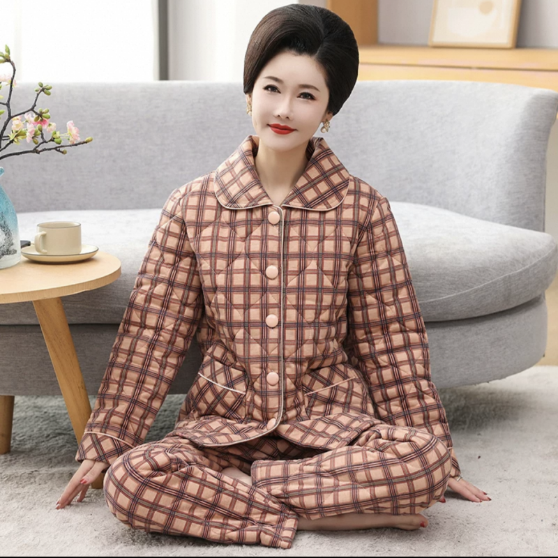深色睡衣夹棉加厚妈妈纯棉家居服