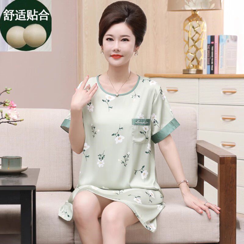 一体自带胸垫妈妈睡衣女夏季丝绸短袖睡裙薄款中老年人加大码冰丝