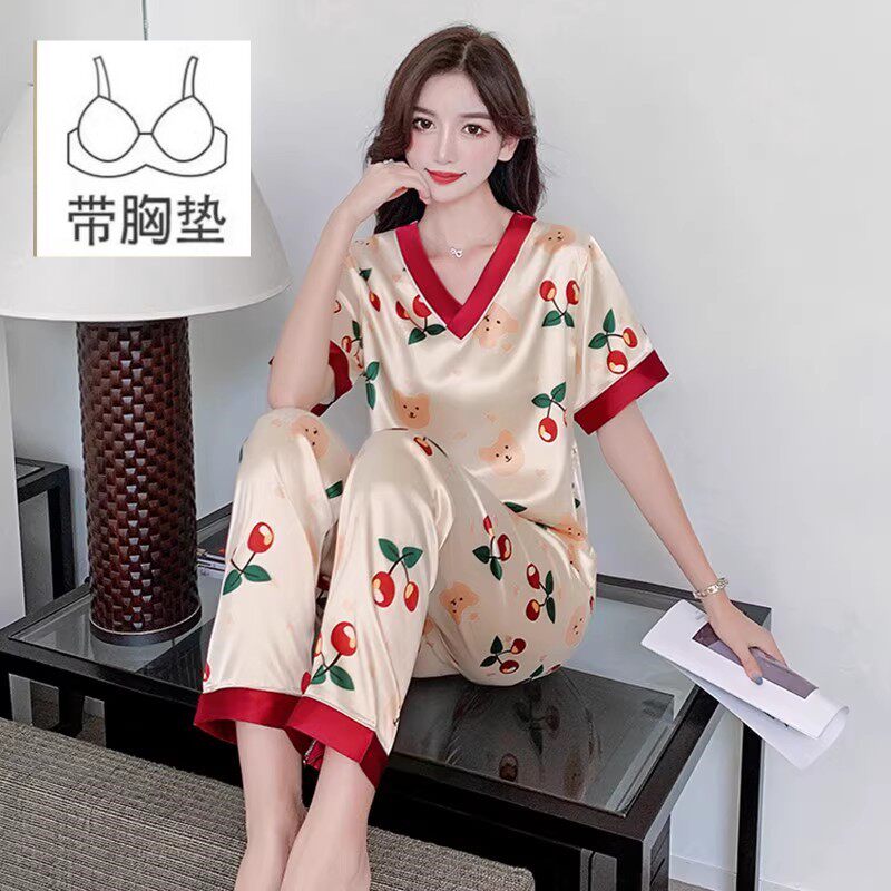 冰丝睡衣女夏季网红短袖长裤