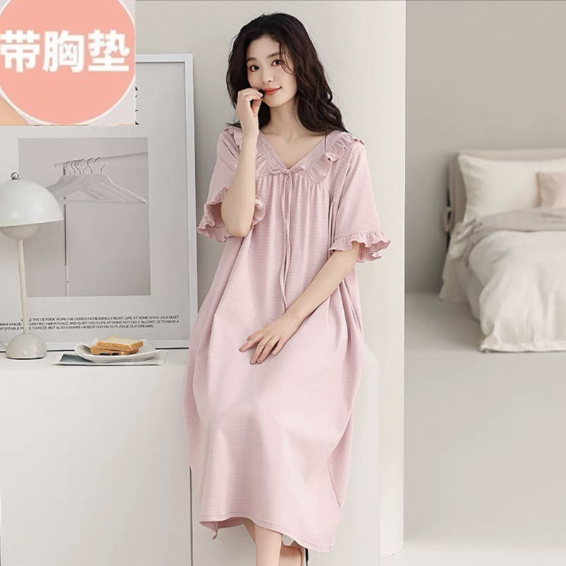 挂带文胸垫纯棉新款睡裙女夏季短袖过膝睡衣宽松可爱公主风家居服