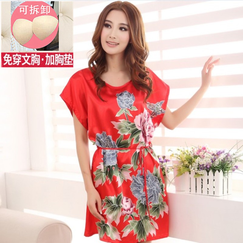 大码睡裙性感辣妹红色短袖免穿文胸垫罩单件裙薄款包臀睡衣女系带