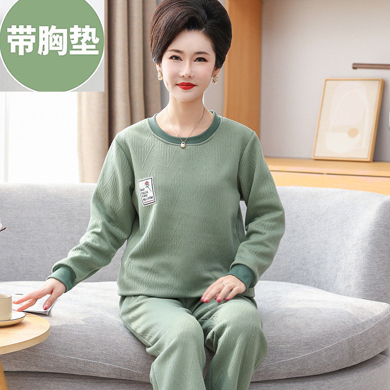 秋冬季纯棉睡衣中年长袖夹层