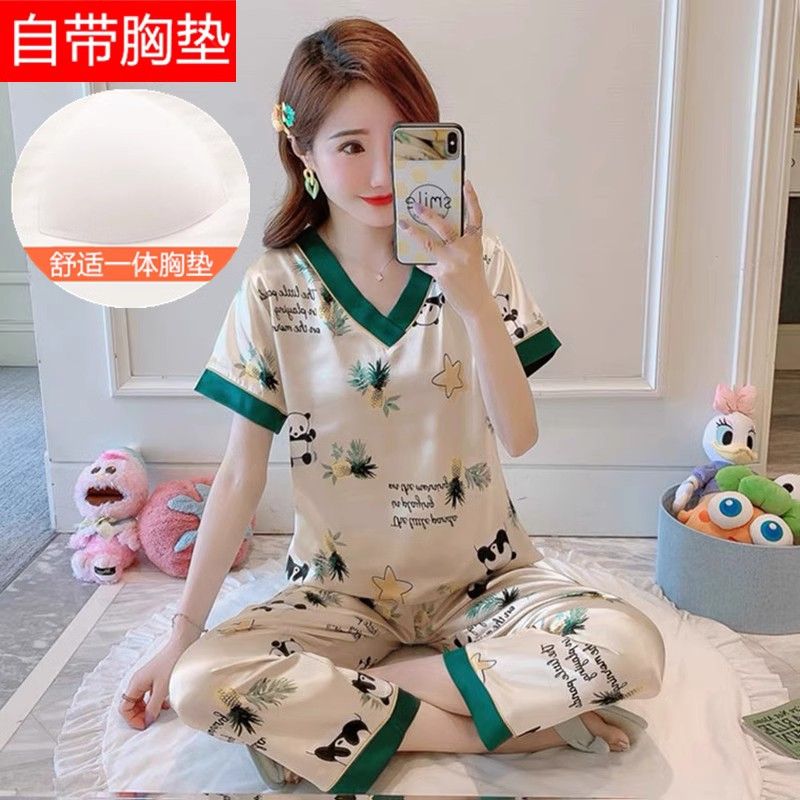 女士冰丝睡衣套装夏季短袖长裤