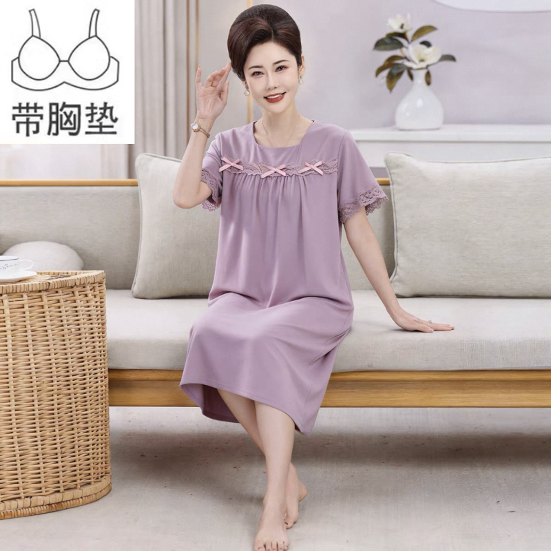 夏季睡衣女士睡裙薄款纯棉短袖中年妈妈妇女加肥大码裙子自带胸垫
